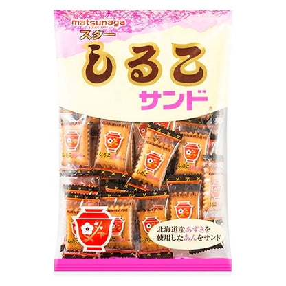 Star Shiruko Sandwich Biscuits with Hokkaido azuki bean paste, in colorful packaging. Common allergens: dairy, wheat, soybean, apple.