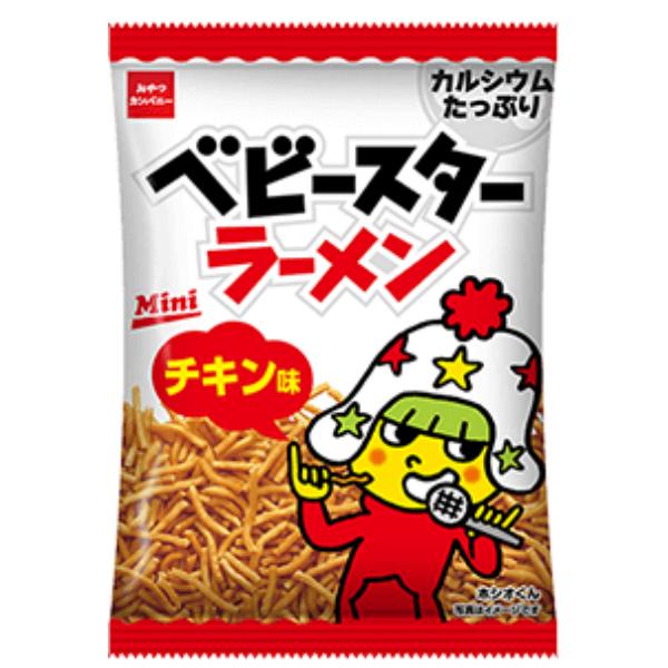 Baby Star Ramen Snack Mini Chicken flavored packaging with cartoon character, ideal for kids' snacks. Contains wheat, soybean, chicken allergens.