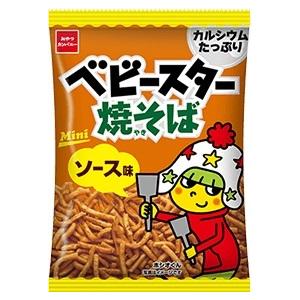 Baby Star Ramen Snack Mini with Yakisoba sauce flavor, featuring kid-friendly packaging. Contains wheat and seafood allergens.