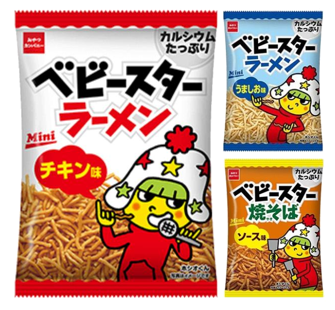 Baby Star Ramen Snack Mini in Chicken, Yakisoba Sauce, and Salt flavors, featuring colorful packaging with cartoon characters.