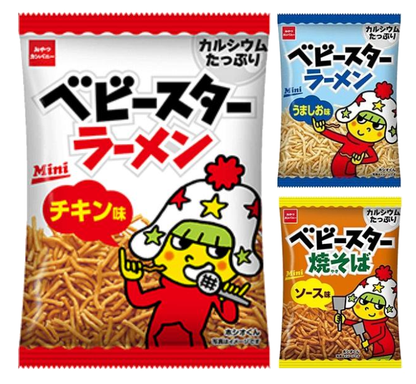 Baby Star Ramen Snack Mini in Chicken, Yakisoba Sauce, and Salt flavors, featuring colorful packaging with cartoon characters.