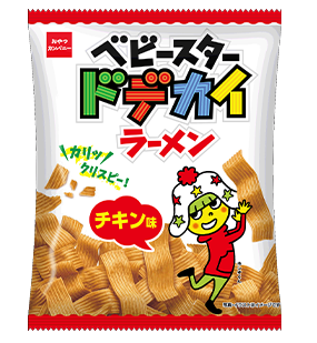 Bag of Baby Star Dodekai Ramen Snack, chicken flavor, easy-to-eat chip-type ramen for a crispy savory treat. Contains common allergens.