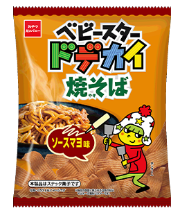 Baby Star Dodekai Yakisoba Snack <Sauce Mayonnaise> packaging showcasing chip-type ramen snacks with yakisoba sauce and mayonnaise flavor.