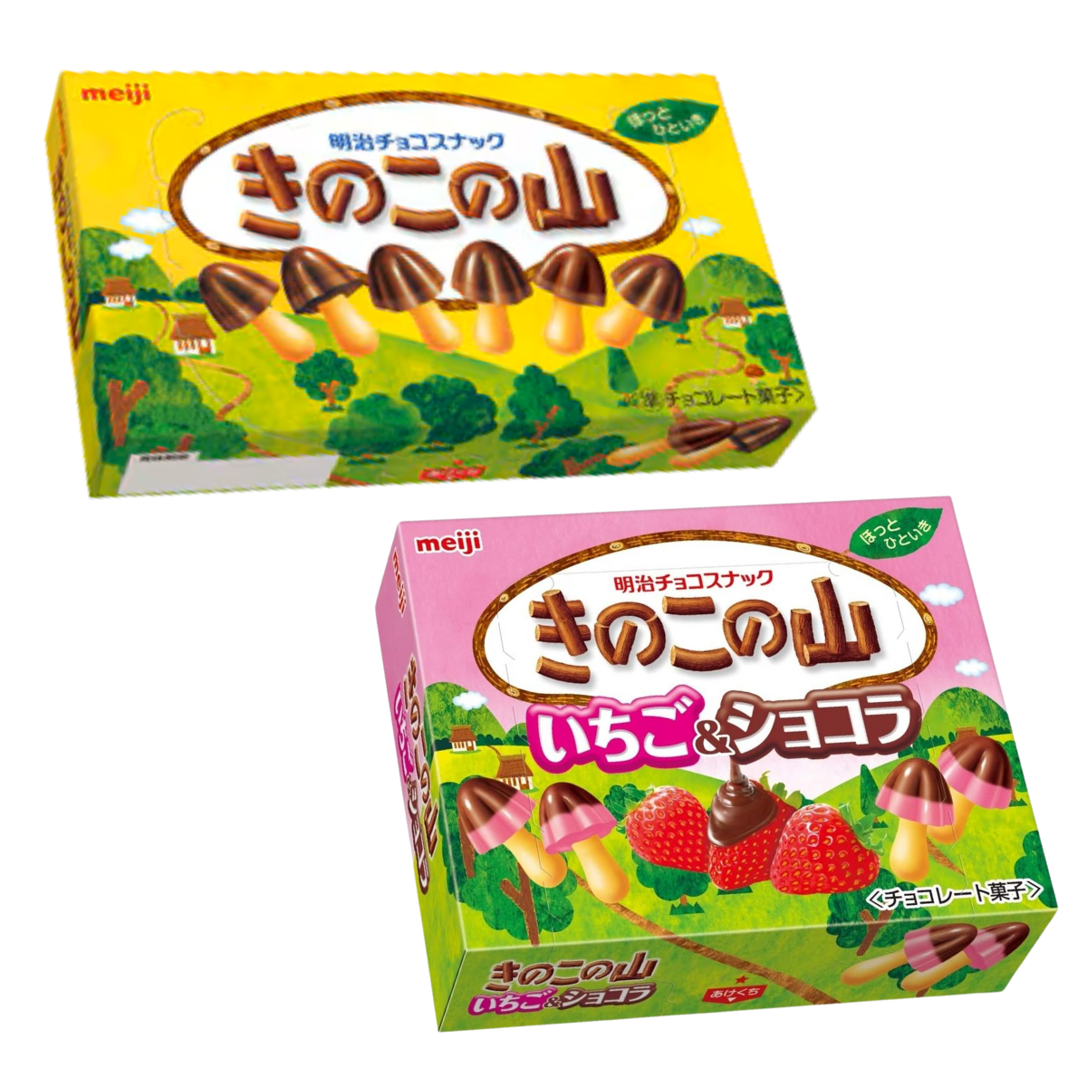 Boxes of MEIJI Kinoko no Yama chocolate snacks, featuring chocolate and strawberry flavors with crispy crackers.