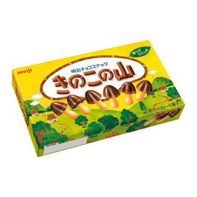MEIJI Kinoko no Yama box with chocolate snack illustration, showcasing blend of cacao, milk chocolate, and crispy crackers on colorful packaging.