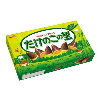 Meiji Takenoko no Sato Chocolate Snack box with forest-themed packaging, highlighting rich chocolate and crispy cookies.