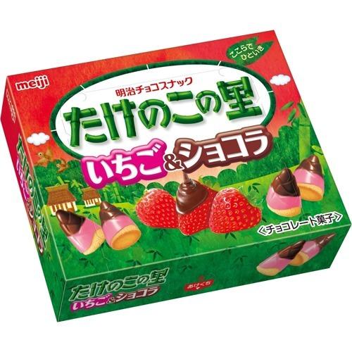 Box of MEIJI Takenoko no Sato chocolate snacks with strawberry and chocolate covered cookies.