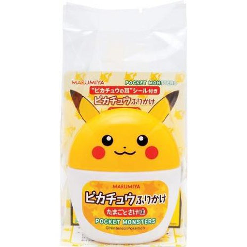 Pikachu-themed furikake seasoning by Marumiya Corporation in cute container, perfect for on-the-go use; features popular Pokémon design.