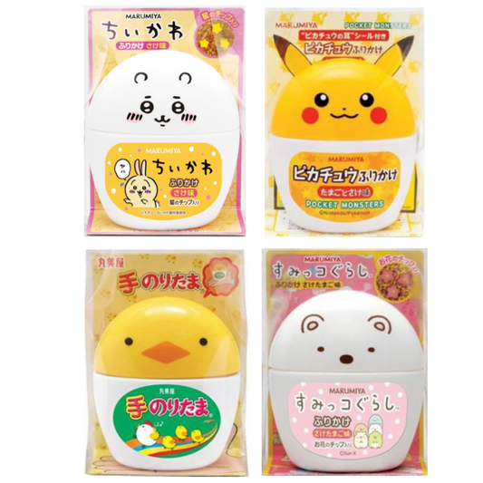 Alt Tag: Collection of Marumiya Character Furikake containers featuring cute designs, including Chiikawa, with salmon seasoning and star-shaped chips.