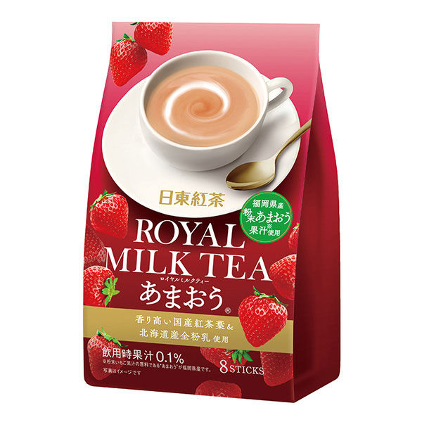 Nittoh-tea Instant Royal Milk Tea Amaou Strawberry 8 pack with a cup of creamy strawberry-flavored tea on the package
