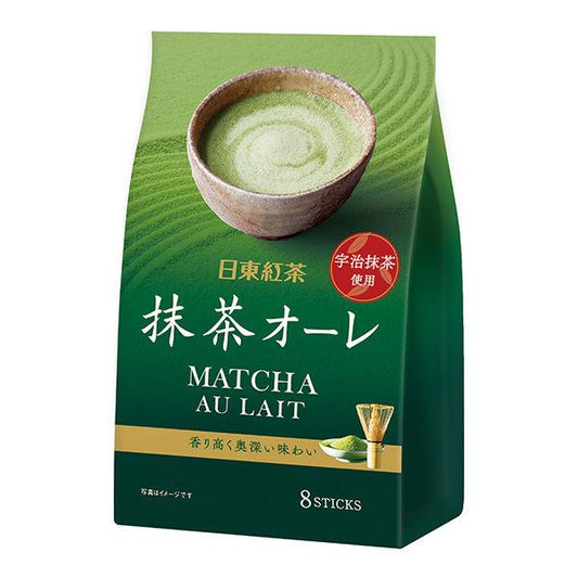 Nittoh-tea Matcha au Lait 8P packaging with bowl of creamy Uji matcha blend. Contains 8 instant mix sticks, 120ml each, allergen: dairy.