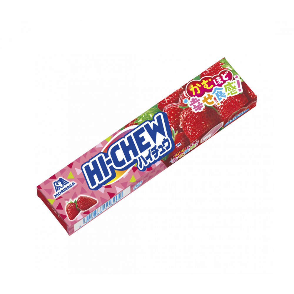 Hi Chew Soft Candy Strawberry flavor, juicy and chewy texture, allergen info: dairy, gelatin.