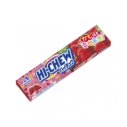 Hi Chew Soft Candy Strawberry flavor, juicy and chewy texture, allergen info: dairy, gelatin.