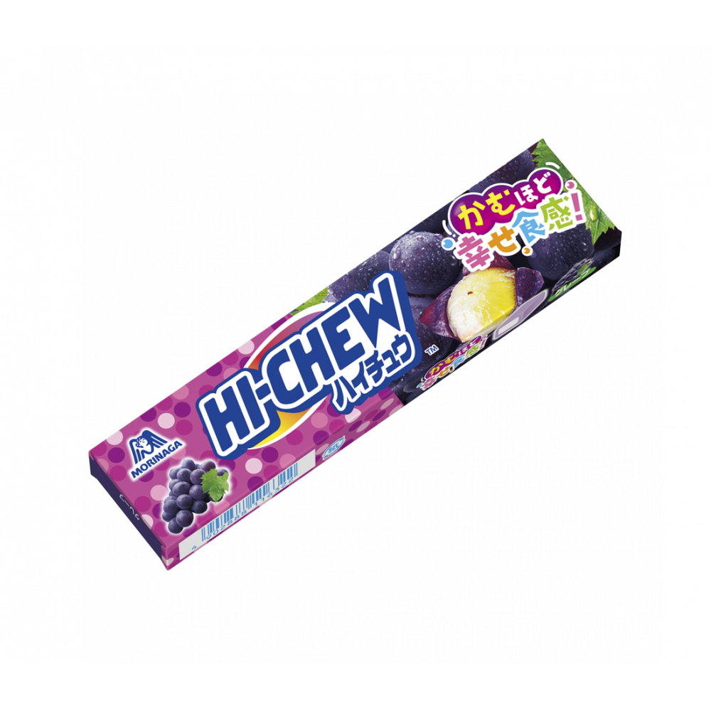 Hi Chew Grape Soft Candy with juicy flavor and chewy texture. Contains allergens: Apple, Gelatin. Exciting fruity treat packaging.