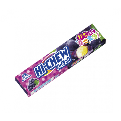 Hi Chew Grape Soft Candy with juicy flavor and chewy texture. Contains allergens: Apple, Gelatin. Exciting fruity treat packaging.