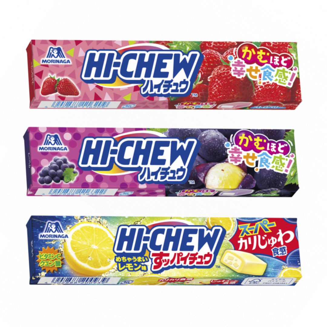 Hi Chew Soft Candy in strawberry, grape, and lemon flavors with chewy texture and juicy fruit flavor packaging.
