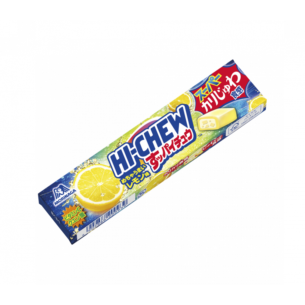 Hi Chew Soft Candy lemon flavor package, featuring vibrant design and chewy, juicy texture. Contains gelatin and apple allergens.