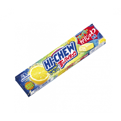 Hi Chew Soft Candy lemon flavor package, featuring vibrant design and chewy, juicy texture. Contains gelatin and apple allergens.