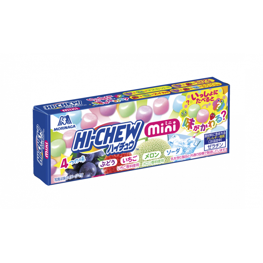 Pack of Hi Chew Mini Soft Candy with grape, strawberry, melon, and soda flavors. Chewy texture and fruity excitement in every bite.