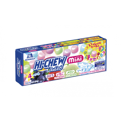 Pack of Hi Chew Mini Soft Candy with grape, strawberry, melon, and soda flavors. Chewy texture and fruity excitement in every bite.