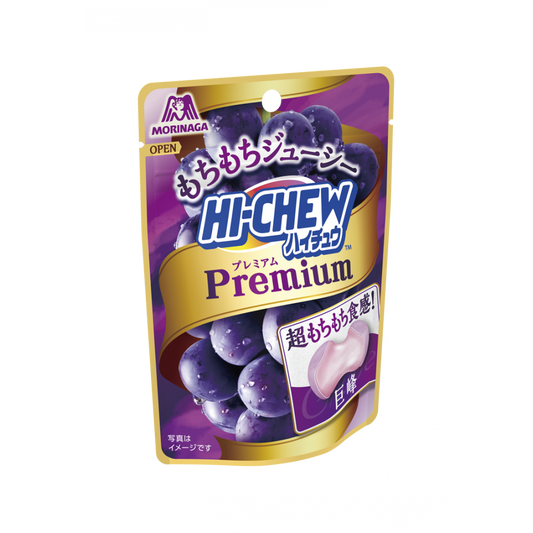 Hi Chew Premium Soft Candy Grape flavor in purple packaging, juicy and chewy texture with a rich fruit taste for a refreshing snack.