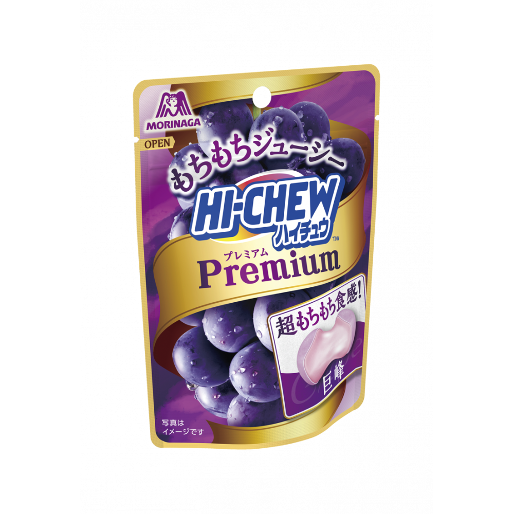 Hi Chew Premium Soft Candy Grape flavor in purple packaging, juicy and chewy texture with a rich fruit taste for a refreshing snack.