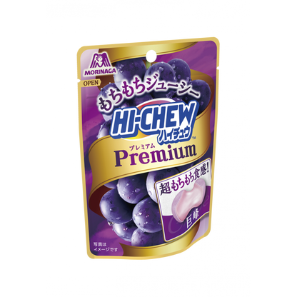 Hi Chew Premium Soft Candy Grape flavor in purple packaging, juicy and chewy texture with a rich fruit taste for a refreshing snack.