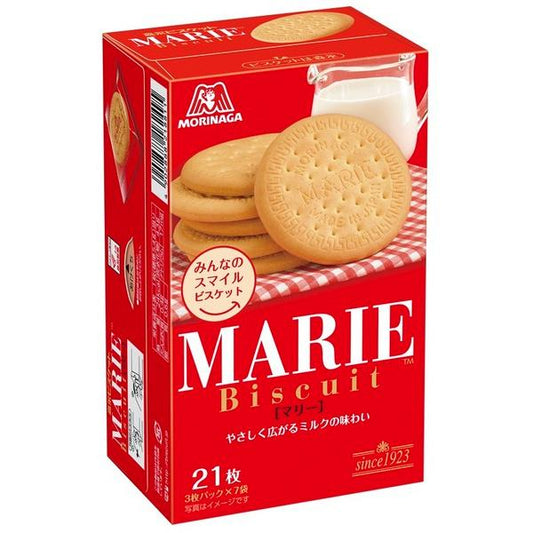 MARIE Biscuit 21P box with crisp thinly baked biscuits, gentle milk flavor, ideal for drinks or baking, contains wheat, dairy, soy.