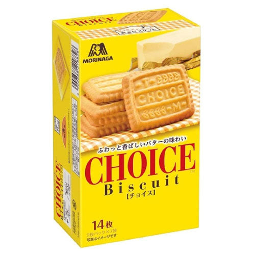 Choice Butter Biscuit 14P box showcasing buttery biscuits with a crisp texture, ideal for dipping and baking, allergens include egg and dairy.