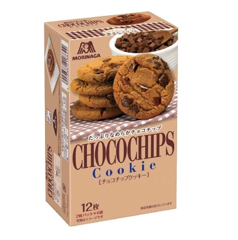 Box of Morinaga Chocochip Cookies with crisp cocoa dough and chocolate chips. Contains 12 cookies. Allergens: Dairy, Wheat, Soy.