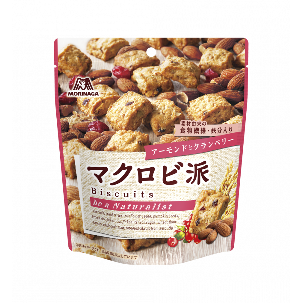Morinaga Macrobi Biscuits with almonds, cranberries, and natural ingredients in a standing pack.
