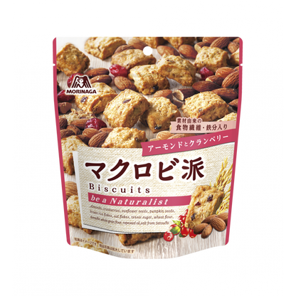Morinaga Macrobi Biscuits with almonds, cranberries, and natural ingredients in a standing pack.