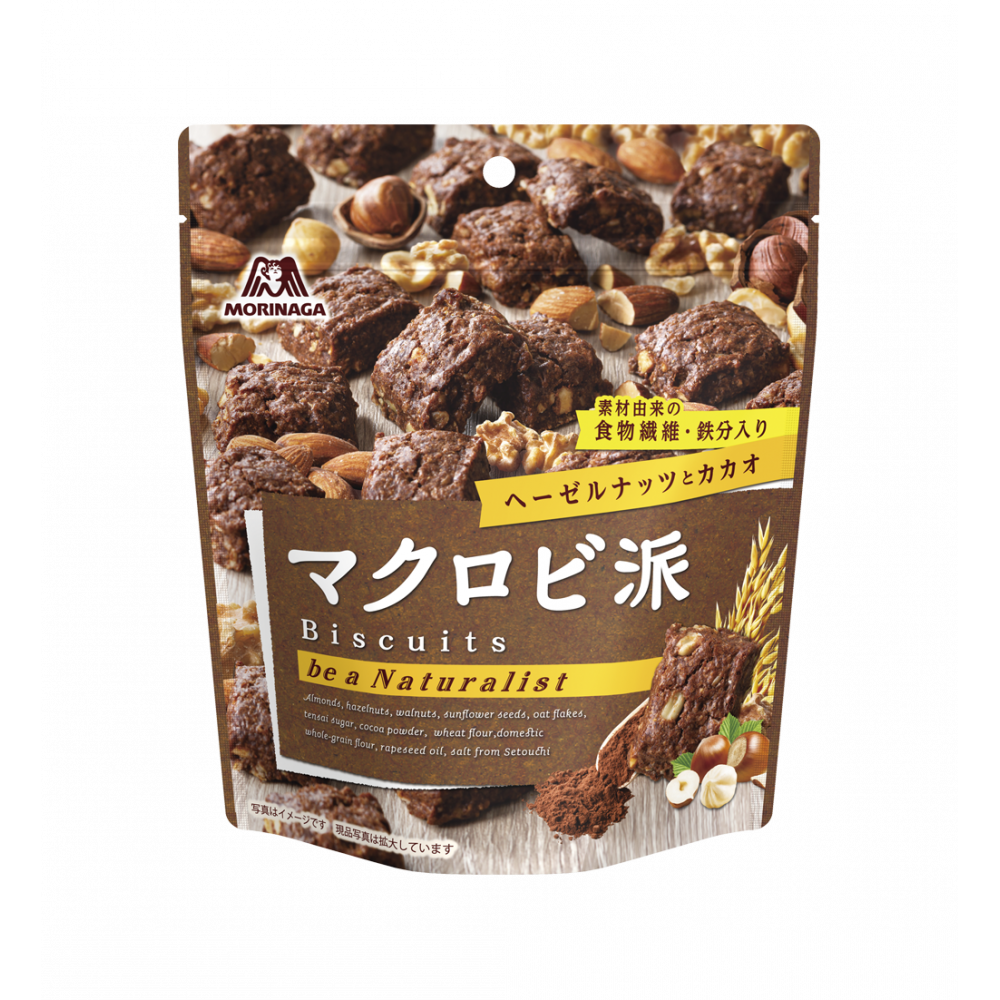 Morinaga Macrobi Biscuits with nuts, vegan ingredients, no margarine, and beet sugar. Contains wheat, almond, hazelnuts, and walnuts.