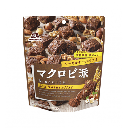 Morinaga Macrobi Biscuits with nuts, vegan ingredients, no margarine, and beet sugar. Contains wheat, almond, hazelnuts, and walnuts.