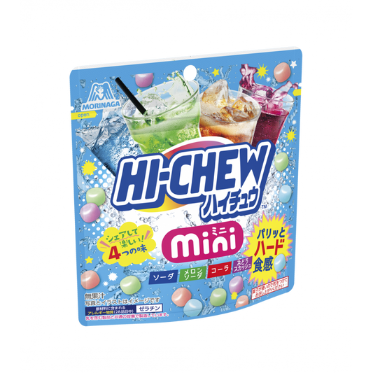 Hi-Chew Mini Pouch with soda, melon soda, cola, and grape soda flavored candies, featuring soft chewy texture, packaging front