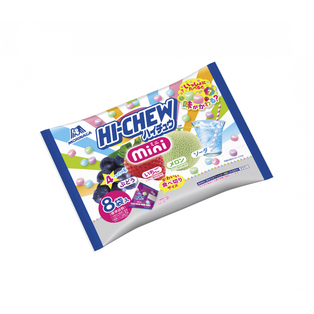 Hi Chew Mini Soft Candy in grape, strawberry, melon, and soda flavors, packaged in a colorful bag.