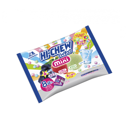 Hi Chew Mini Soft Candy in grape, strawberry, melon, and soda flavors, packaged in a colorful bag.