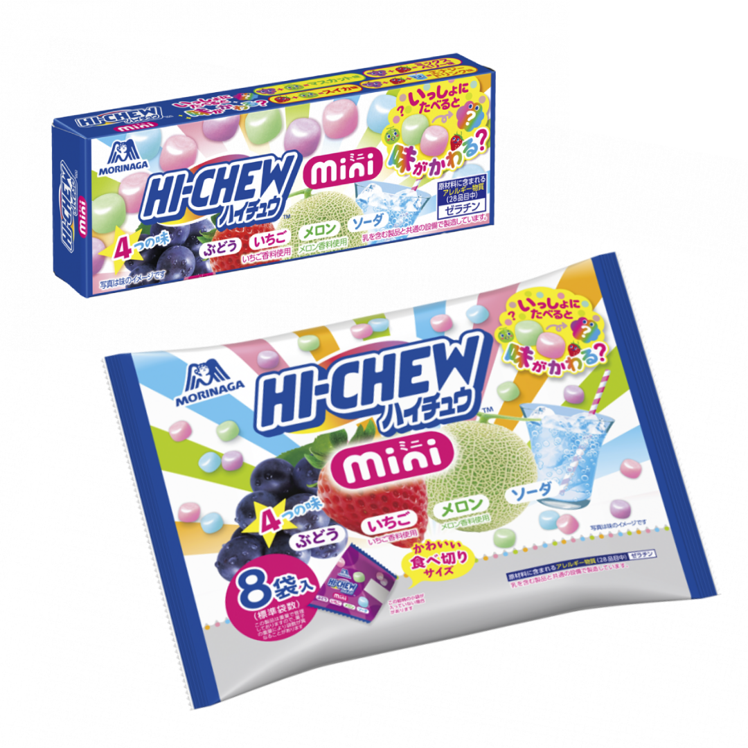 Hi Chew Mini Soft Candy packaging showing four flavors: grape, strawberry, melon, and soda. Includes allergen info: gelatine.