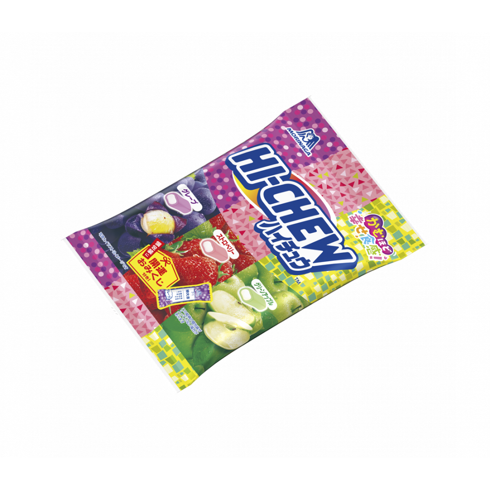 Hi Chew Soft Candy Assortment package with fruit flavors, highlighting chewy texture and excitement. Contains dairy, apple, gelatin.