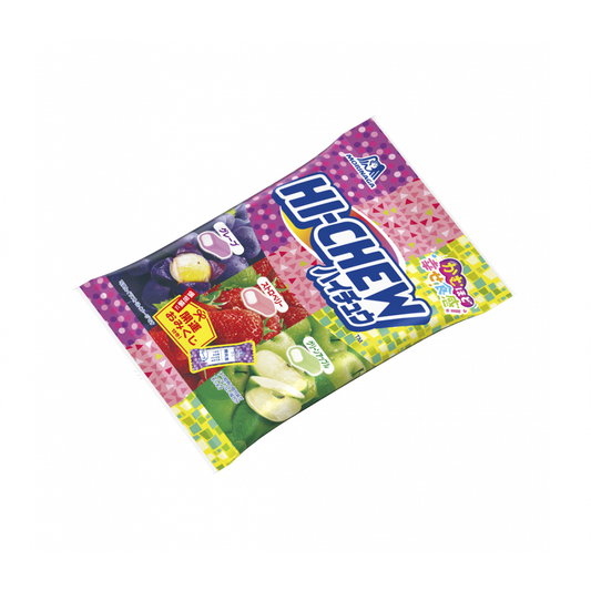 Hi Chew Soft Candy Assortment package with fruit flavors, highlighting chewy texture and excitement. Contains dairy, apple, gelatin.