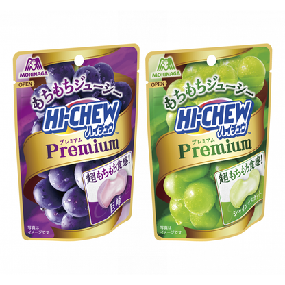 Hi Chew Premium Soft Candy with grape and shine muscat flavors, featuring juicy texture and rich fruit taste.