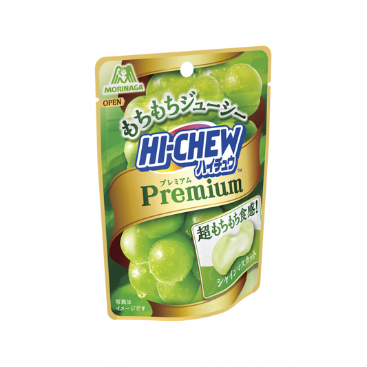 Hi Chew Premium Soft Candy package with green grapes, featuring the Morinaga logo, showcasing juicy, chewy candy flavor.
