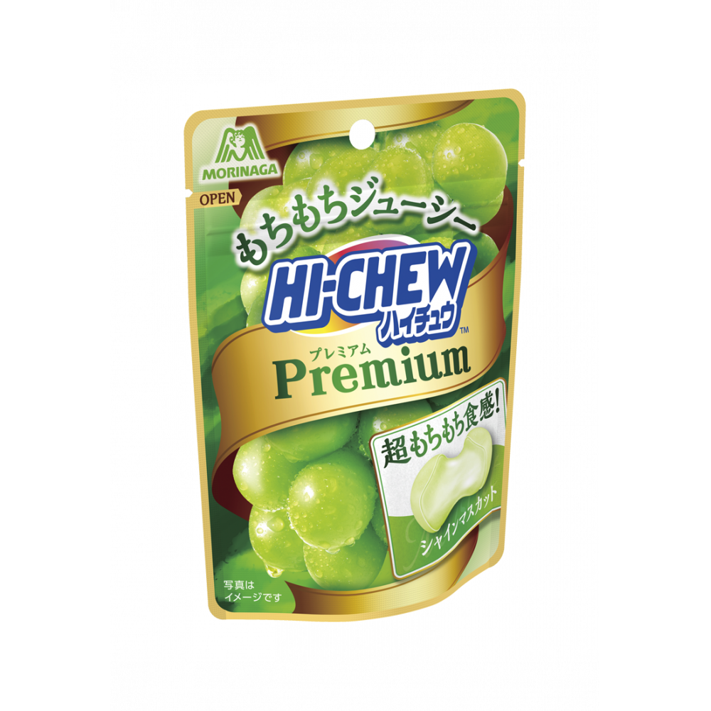 Hi Chew Premium Soft Candy package with green grapes, featuring the Morinaga logo, showcasing juicy, chewy candy flavor.