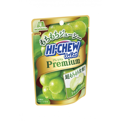 Hi Chew Premium Soft Candy package with green grapes, featuring the Morinaga logo, showcasing juicy, chewy candy flavor.