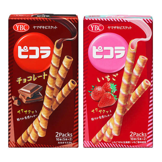 Yamazaki Biscuits Picola Roll Cookies - Chocolate and Strawberry flavors with crisp texture and creamy filling.
