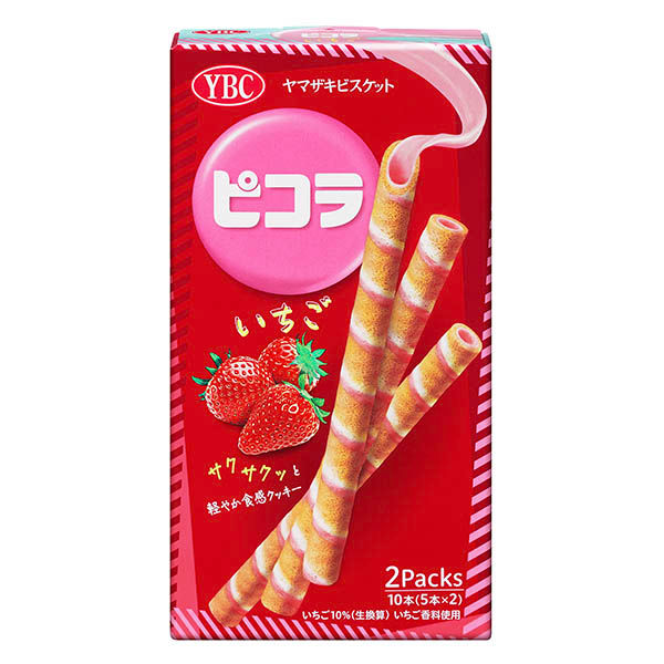 YAMAZAKI BISCUITS Picola Roll Cookie box with strawberry flavor, showing rolled cookies and strawberries on packaging.
