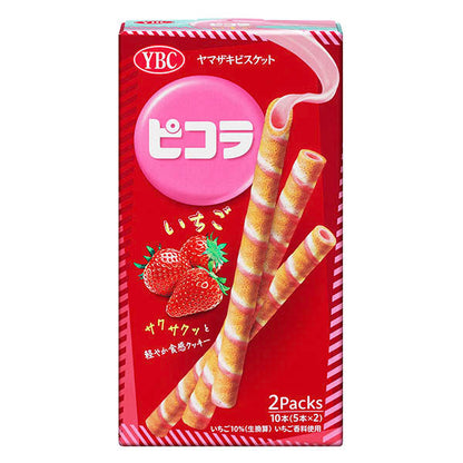 YAMAZAKI BISCUITS Picola Roll Cookie box with strawberry flavor, showing rolled cookies and strawberries on packaging.