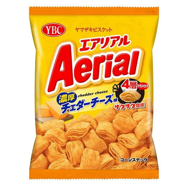 Yamazaki-Biscuits Aerial Corn Snack pack with cheddar cheese flavor and layered corn texture, featuring YBC branding.