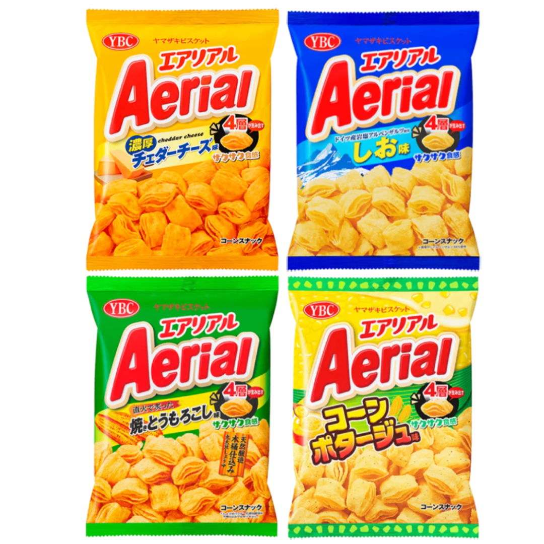Yamazaki Aerial Corn Snack variety packs with rich cheddar cheese flavor and innovative four-layer corn base. Contains allergens.