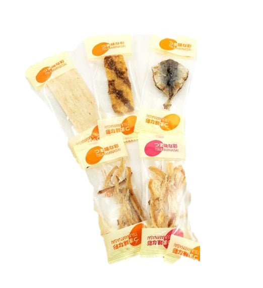 Assorted Koredekimari dried seafood and snacks in sachets, featuring a variety of flavors with common allergens clearly labeled.